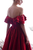 New A Line Off the Shoulder Burgundy Satin Prom Dresses Formal Evening Dress Party Gowns