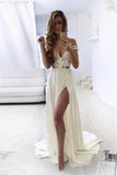 Fashion Spaghetti Straps Lace White V Neck Slit Prom Dresses Formal Evening Dress Party Gown