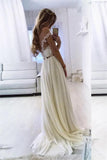 Fashion Spaghetti Straps Lace White V Neck Slit Prom Dresses Formal Evening Dress Party Gown