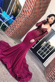 Sexy Long Sleeves Burgundy Mermaid Sequin Long Prom Dresses Formal Evening Dress For Party