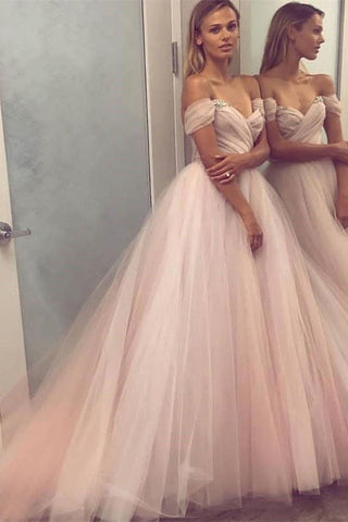 Fashion Light Pink Off the Shoulder Fluffy Prom Dresses Formal Evening Dress Party Gowns