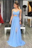 New Arrival Backless Light Blue Spaghetti Strap Prom Dresses Formal Evening Dress Party Gown
