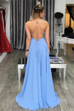 New Arrival Backless Light Blue Spaghetti Strap Prom Dresses Formal Evening Dress Party Gown