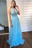 Light Blue Open Back Beaded Halter Long Prom Dresses Formal Evening Dress Party Gowns