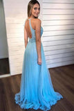 Light Blue Open Back Beaded Halter Long Prom Dresses Formal Evening Dress Party Gowns