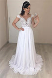 A Line Cap Sleeves Lace Long Prom Dresses Formal Evening Dress Beach Wedding Dress