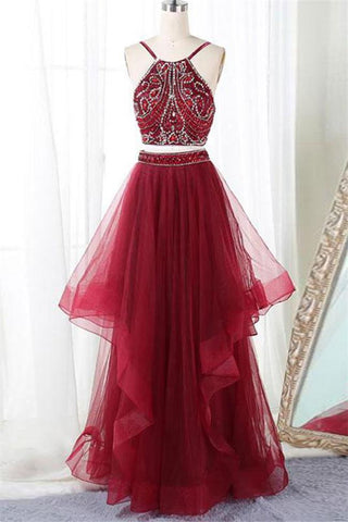 Two Piece Open Back Burgundy Beaded Tiered Skirt Prom Dresses Formal Evening Party Dress