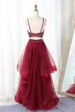 Two Piece Open Back Burgundy Beaded Tiered Skirt Prom Dresses Formal Evening Party Dress