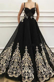Fashion Spaghetti Straps Lace Appliques Black Prom Dresses Formal Evening Dress Party Gowns