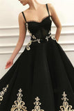 Fashion Spaghetti Straps Lace Appliques Black Prom Dresses Formal Evening Dress Party Gowns