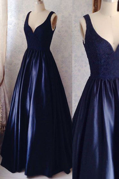 Dark Blue V Neck Off the Shoulder Lace Prom Dresses Evening Gowns Graduation Dress