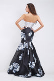 Two Piece Strapless Printed Fabric Mermaid Long Prom Dresses Formal Evening Dress Party Gown