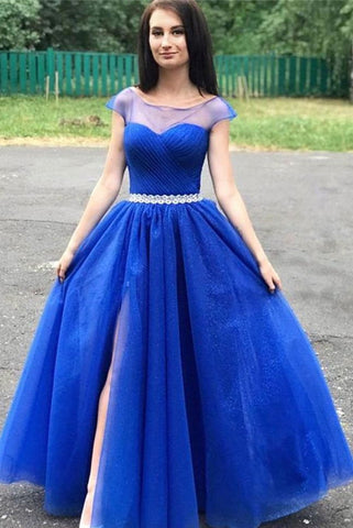 A Line Cap Sleeves Royal Blue Split Long Prom Dresses