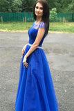 A Line Cap Sleeves Royal Blue Split Long Prom Dresses