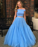 Chic Open Back Light Blue Off the Shoulder Prom Dresses Formal Evening Dress Party Gowns