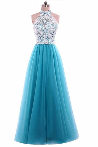 A Line Halter Lace Mint Tulle Long Prom Dresses