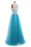 A Line Halter Lace Mint Tulle Long Prom Dresses