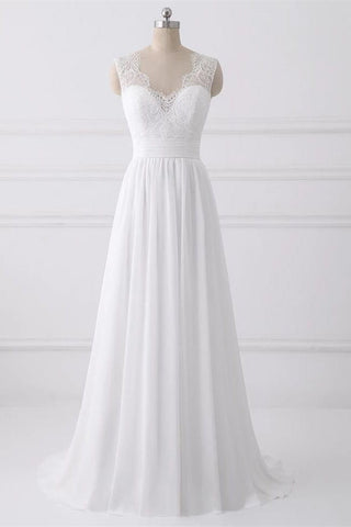 A Line V Neck White Lace Back V Long Formal Bridal Wedding Dress Party Gowns