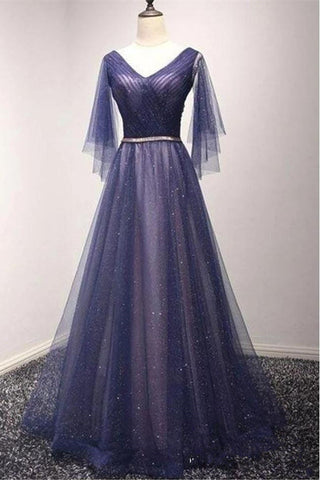 Fashion Real Photo A Line V Neck Long Sleeves Prom Dresses Formal Evening Dress Party Gowns