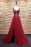 Top See Through V Neck Burgundy Beaded Long Prom Dresses Formal Evening Dress Party Gowns