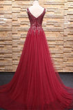 Top See Through V Neck Burgundy Beaded Long Prom Dresses Formal Evening Dress Party Gowns