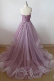 Real Photo Lilac Tulle Strapless High Low Tiered Prom Dresses Formal Evening Dress Party Gowns