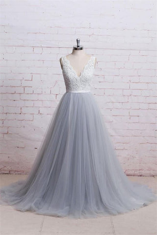 A Line V Neck White Lace Grey Blue Tulle Prom Dresses Formal Evening Dress Party Gowns