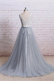 A Line V Neck White Lace Grey Blue Tulle Prom Dresses Formal Evening Dress Party Gowns
