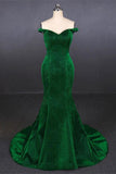 Elegant Off the Shoulder Mermaid Green Shiny Fabric Prom Dresses Formal Evening Dress Party
