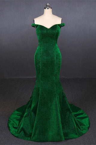 Elegant Off the Shoulder Mermaid Green Shiny Fabric Prom Dresses Formal Evening Dress Party