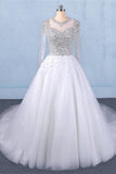 Long Sleeves High Neck Beaded Chapel Train White Princess Wedding Dresses Bridal Gown Dress