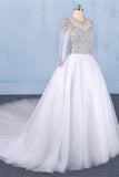 Long Sleeves High Neck Beaded Chapel Train White Princess Wedding Dresses Bridal Gown Dress