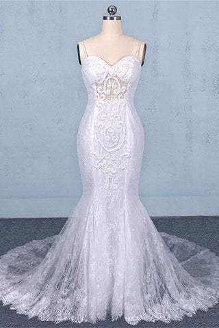 Fashion Spaghetti Straps White Lace Mermaid Chapel Train Beach Wedding Dresses Bridal Dress LD3149