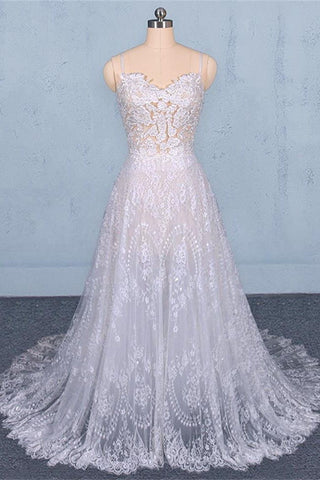 Open Back A Line Spaghetti Straps White Lace Long Beach Wedding Dresses Bridal Gown Dress LD3150