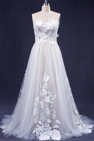 A Line Strapless 3D Lace Appliques White Princess Long Wedding Dresses Bridal Gown Dress LD3151