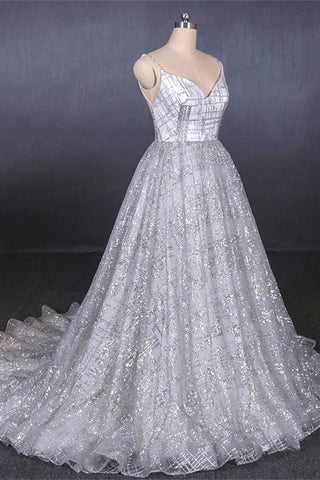 Silver Glitter Sequin Spaghetti Straps V Neck Long Wedding Dresses Bridal Gown Prom Dress