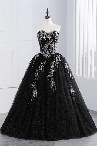 Black Ball Gown Strapless White Appliques Sequin Prom Dresses Evening Quinceanera Dress