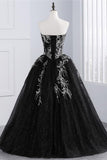 Black Ball Gown Strapless White Appliques Sequin Prom Dresses Evening Quinceanera Dress