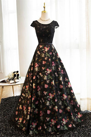 Lace Black Ball Gown Cap Sleeves Printed Fabric Formal Prom Dresses Evening Party Dress