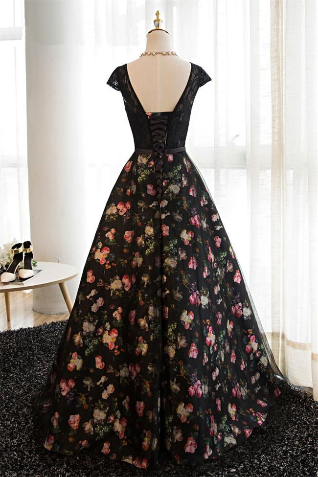 Lace Black Ball Gown Cap Sleeves Printed Fabric Formal Prom Dresses Evening Party Dress