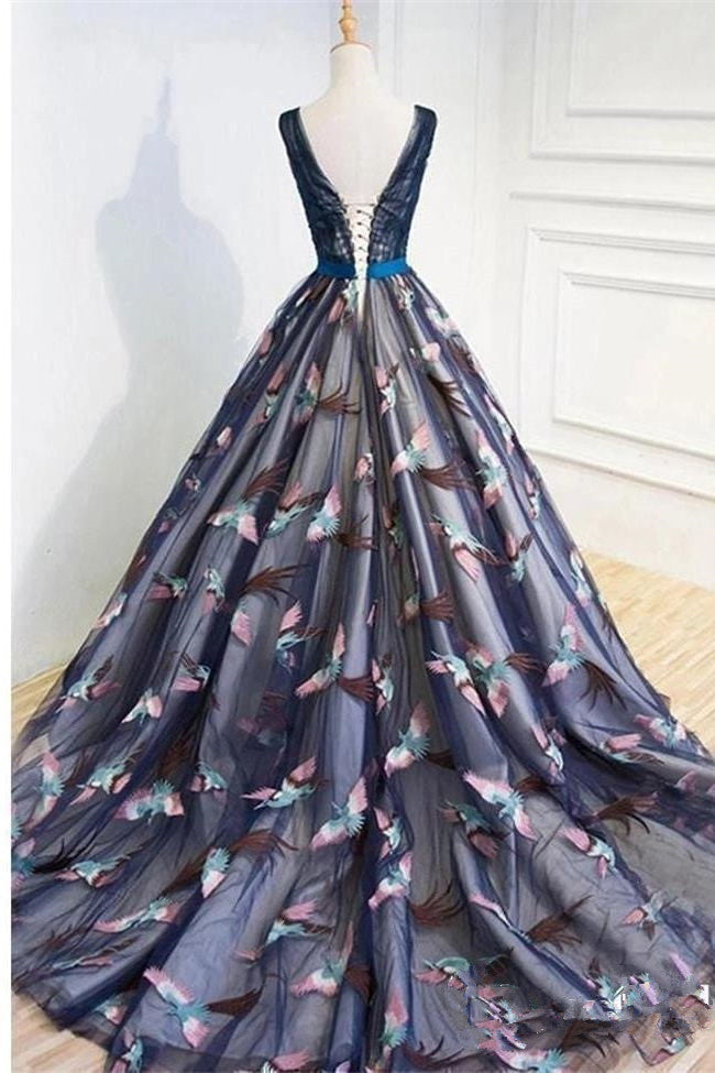 New Arrival 3D Bird V Neck Dark Blue Pearls Formal Prom Dresses Evening Quinceanera Dress