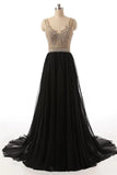 Fashion Open Back Crystal Beaded Black Long Prom Dresses Formal Evening Dress Party Gowns