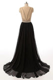 Fashion Open Back Crystal Beaded Black Long Prom Dresses Formal Evening Dress Party Gowns