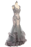 Open Back Lace Appliques Grey Mermaid Tiered Prom Dresses Formal Evening Gowns Dress