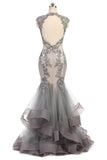 Open Back Lace Appliques Grey Mermaid Tiered Prom Dresses Formal Evening Gowns Dress
