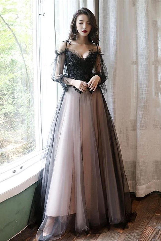Long Sleeves Black Straps Prom Dresses Formal Evening Dress Party Gown