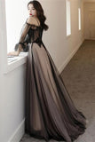 Long Sleeves Black Straps Prom Dresses Formal Evening Dress Party Gown