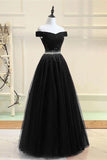 Charming A Line Off the Shoulder Beaded Black Prom Dresses Formal Evening Dress Party Gowns