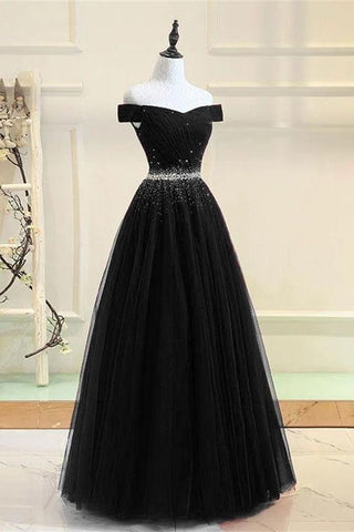 Charming A Line Off the Shoulder Beaded Black Prom Dresses Formal Evening Dress Party Gowns