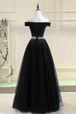 Charming A Line Off the Shoulder Beaded Black Prom Dresses Formal Evening Dress Party Gowns
